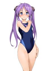 Rule 34 | 00s, 1girl, blue eyes, blue one-piece swimsuit, blush, competition swimsuit, hair ribbon, hiiragi kagami, ishikei, jpeg artifacts, long hair, lucky star, one-piece swimsuit, purple hair, ribbon, simple background, solo, swimsuit, third-party edit, twintails