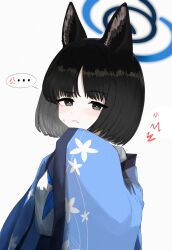 Rule 34 | ..., 1girl, absurdres, anger vein, animal ears, black eyes, black hair, blue archive, blue halo, blush, bonefire0909, cat ears, halo, haori, highres, japanese clothes, kikyou (blue archive), looking at viewer, open mouth, short hair, simple background, sleeves past fingers, sleeves past wrists, solo, spoken anger vein, spoken ellipsis, upper body, white background, wide sleeves