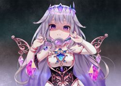 Rule 34 | 1girl, chest jewel, corset, crime prevention buzzer, crown, empty eyes, gem, hair flaps, highres, hololive, hololive english, koseki bijou, long hair, looking at viewer, purple hair, shaded face, shukusei!! loli-gami requiem, solairoaoiro, very long hair, virtual youtuber, wings