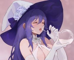 Rule 34 | 1girl, bare shoulders, blue hair, breasts, center opening, chowbie, closed eyes, elbow gloves, flask, gloves, hat, highres, large breasts, large hat, leotard, long hair, open mouth, pink background, round-bottom flask, solo, wedding witch, wedding witch (character), white gloves, white hat, white leotard