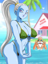 Rule 34 | 1boy, 1girl, age difference, angel (dragon ball), bangs pinned back, beach, beard, bikini, blue skin, blurry, breasts, cameltoe, cleavage, cleft of venus, cloud, coconut tree, colored skin, cowboy shot, day, depth of field, double v, dragon ball, facial hair, facing viewer, front-tie bikini top, front-tie top, green bikini, hair pulled back, high ponytail, highres, house, huge breasts, island, kame house, large breasts, legs together, long hair, looking at viewer, missing tooth, mustache, muten roushi, ocean, old, old man, outdoors, palm tree, purple eyes, purple lips, sano br, silver hair, sky, smile, standing, sunglasses, swimsuit, tree, underboob, v, vados (dragon ball), very long hair, wading, weather vane, white beard, white facial hair