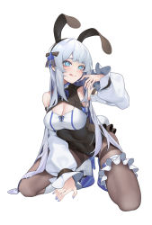Rule 34 | 1girl, animal ears, arm support, blue eyes, blue nails, boots, bow, breasts, brown pantyhose, character request, cleavage, cleavage cutout, clothing cutout, copyright request, crosshair pupils, eyelashes, fake animal ears, fingernails, frilled garter, hair bow, hand up, high heel boots, high heels, highres, kneeling, large breasts, licking lips, long hair, looking at viewer, nail polish, pantyhose, puffy sleeves, rabbit ears, rabbit tail, saliva, saliva trail, simple background, solo, tail, tongue, tongue out, very long hair, vinegar kira, white background, white hair