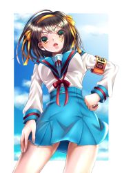 Rule 34 | 1girl, absurdres, arm at side, armband, belt, bickle (bickle1983), blue belt, blue sailor collar, blue skirt, blue sky, border, breasts, brown eyes, brown hair, cloud, commentary, day, fingernails, from below, hair ribbon, hairband, hand on own hip, highres, kita high school uniform, long sleeves, looking at viewer, medium breasts, medium hair, neck ribbon, open mouth, orange hairband, orange ribbon, outside border, paperclip, red armband, red ribbon, revision, ribbon, sailor collar, school uniform, serafuku, shirt, shirt tucked in, skirt, sky, solo, standing, suzumiya haruhi, suzumiya haruhi no yuuutsu, teeth, upper teeth only, white border, white shirt