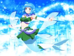 Rule 34 | 1girl, adapted costume, ahoge, air bubble, bare shoulders, beads, blue eyes, blue hair, breasts, brooch, bubble, commentary request, crop top, detached sleeves, drill hair, drill sidelocks, fins, full body, green skirt, head fins, jewelry, light rays, looking at viewer, medium breasts, mermaid, midriff, miniskirt, monster girl, navel, outstretched arm, shirosato, short hair, sidelocks, skirt, skirt set, smile, solo, stomach, touhou, underwater, wakasagihime