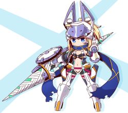 Rule 34 | 1girl, armored boots, artoria pendragon (fate), blonde hair, blue background, blue eyes, blue scarf, blush, boots, breasts, center opening, chibi, clenched hand, closed mouth, commentary request, fate/grand order, fate (series), full body, gloves, grey leotard, hand up, helmet, high ponytail, highres, holding, holding weapon, knee boots, leotard, long hair, mecha musume, mysterious heroine x (fate), mysterious heroine xx (fate), mysterious heroine xx (second ascension) (fate), naga u, navel, ponytail, scarf, shadow, sidelocks, skin tight, small breasts, smile, solo, standing, twinmyniad (fate), two-tone background, weapon, white background, white footwear, white gloves