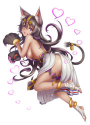Rule 34 | 10s, 1girl, animal ears, animal hands, bandages, bastet (monster strike), bastet (mythology), black hair, blush, breasts, cat ears, cat tail, claws, dark-skinned female, dark skin, gloves, heart, highres, irudana, jewelry, large breasts, long hair, looking at viewer, monster strike, original, paw gloves, purple eyes, sideboob, simple background, solo, tail, white background