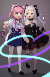 Rule 34 | 2girls, ahoge, animal ear fluff, animal ears, bare shoulders, black dress, black footwear, blue hair, blue nails, blue sailor collar, blush, bow, braid, cat ears, cat girl, cat tail, choker, criss-cross halter, dress, extra ears, eye contact, fingernails, frilled choker, frills, full body, gothic lolita, grey background, halter dress, halterneck, heart, heart of string, highres, holding hands, hololive, illyachi, loafers, lolita fashion, long hair, looking at another, minato aqua, minato aqua (sailor), multicolored hair, multiple girls, murasaki shion, murasaki shion (gothic lolita), nail polish, open mouth, pantyhose, pink hair, pink tail, pointing, purple hair, ribbon, sailor collar, shoes, short hair, tail, tail bow, tail ornament, tail ribbon, teeth, trent (hobbs end), twin braids, twintails, virtual youtuber, white legwear, yuri