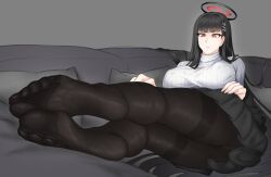 Rule 34 | 1girl, black hair, black pantyhose, blue archive, breasts, couch, feet, highres, ishtar n, large breasts, long hair, pantyhose, red eyes, rio (blue archive), soles, toes, turtleneck