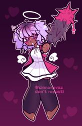 Rule 34 | angel, blood, blood on face, bloody weapon, blush, bokusatsu tenshi dokuro-chan, gradient hair, halo, highres, holding, holding weapon, jacket, mitsukai dokuro, multicolored hair, open clothes, open jacket, purple eyes, purple hair, racebend, red jacket, roots (hair), smile, watermark, weapon