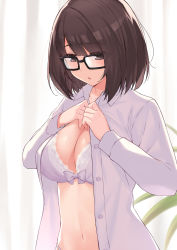 Rule 34 | 1girl, bad id, bad pixiv id, black-framed eyewear, bow, bow bra, bra, breasts, brown eyes, brown hair, cccpo, cleavage, collared shirt, commentary request, dress shirt, dressing, glasses, highres, large breasts, leaf, long sleeves, navel, original, panties, parted lips, shirt, short hair, solo, stomach, underwear, upper body, white bra, white shirt