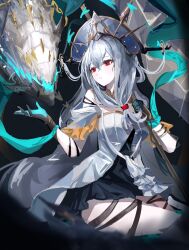 Rule 34 | 1girl, arknights, bare shoulders, black dress, blue gloves, detached collar, dress, front ponytail, gloves, grey hair, holding, holding staff, kyushi (user 41158199), layered dress, long hair, monster, off-shoulder dress, off shoulder, official alternate costume, parted lips, red eyes, sitting, skadi (arknights), skadi the corrupting heart (arknights), solo, staff, thigh strap, very long hair, white dress
