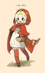 Rule 34 | 1girl, absurdres, antenna hair, apple, basket, black eyes, black footwear, blonde hair, bloomers, bright pupils, cape, capelet, commentary, creatures (company), dress, drooling, fangs, food, fruit, fuecoco, game freak, grass, hand up, highres, holding, holding basket, long sleeves, multicolored hair, nintendo, pantyhose, personification, pointing, pointing at self, pokemon, red apple, red cape, red capelet, red hood, red pantyhose, sakutake (ue3sayu), saliva, short eyebrows, short hair, solo, tail, two-tone hair, underwear, white dress, white pupils