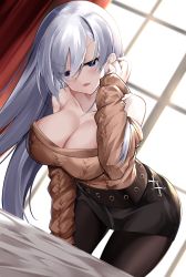 Rule 34 | 1girl, absurdres, azur lane, bare shoulders, belfast (azur lane), belfast (shopping with the head maid) (azur lane), bent over, black pantyhose, black skirt, blue eyes, blush, breasts, brown sweater, cleavage, collarbone, commentary, cowboy shot, dutch angle, hand up, head tilt, highres, indoors, large breasts, long hair, long sleeves, looking at viewer, miniskirt, no headwear, off-shoulder sweater, off shoulder, official alternate costume, pantyhose, parted lips, pencil skirt, silver hair, skirt, solo, standing, sweater, v-shaped eyebrows, very long hair, window, yan lie