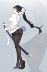 Rule 34 | 1girl, ass, azur lane, back, black hair, blunt bangs, breasts, brown footwear, brown pantyhose, closed mouth, commentary request, dated, fighting stance, from behind, full body, glint, gloves, half gloves, highres, holding, holding sword, holding weapon, katana, loafers, long hair, long sleeves, looking at viewer, looking back, medium breasts, military, military uniform, miniskirt, panties, panties under pantyhose, pantyhose, pantyshot, pleated skirt, ponytail, ready to draw, scabbard, sheath, sheathed, shoes, skirt, solo, standing, sword, takao (bilan hangxian), thighband pantyhose, thighs, tiptoes, tsurime, underwear, uniform, upskirt, very long hair, weapon, white gloves, white panties, white skirt, yellow eyes, yueguang zhanglang