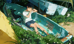 Rule 34 | 1girl, ahoge, arms up, bare legs, barefoot, blouse, blue shorts, boat, closed eyes, closed mouth, commentary request, facing down, feet out of frame, flower, foliage, grass, hand on own cheek, hand on own face, highres, kotatiyu, original, outdoors, own hands together, plant request, rope, sand, shirt, short hair, short sleeves, shorts, sitting, sleeping, smile, solo, watercraft, white shirt