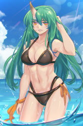 Rule 34 | 1girl, arknights, bare arms, bare shoulders, bikini, black bikini, blue sky, breasts, cleavage, cloud, collarbone, colored eyelashes, commentary, cowboy shot, day, gluteal fold, green hair, grin, hair between eyes, hand up, horns, hoshiguma (arknights), kaizeru, large breasts, looking at viewer, multi-strapped bikini, navel, single horn, sky, smile, solo, standing, stomach, swimsuit, thighs, wading, water, yellow eyes