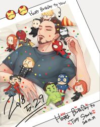 Rule 34 | 1boy, animification, arrow (symbol), avengers (series), bed, black widow, blanket, brown hair, captain america, character doll, closed eyes, commentary request, confetti, dated, doctor strange, doll, english text, facial hair, fingernails, grey shirt, hand up, happy birthday, highres, hulk, iron man, korean commentary, lying, male focus, marvel, marvel cinematic universe, natasha romanoff, on back, on bed, open mouth, pepper potts, pillow, scarlet witch, shirt, short hair, short sleeves, sindoiyodousiyo, sleeping, solo, spider-man, steve rogers, t-shirt, thor (marvel), tony stark, vision (marvel), wanda maximoff, war machine
