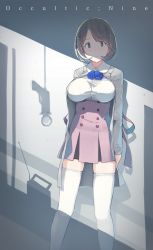 Rule 34 | 10s, 1girl, against wall, alternate breast size, blue flower, blue rose, bob cut, breasts, brown eyes, brown hair, buttons, closed mouth, coat, collared shirt, copyright name, dress shirt, expressionless, flower, fuu fuu, hair ornament, hairclip, high-waist skirt, highres, large breasts, light, long sleeves, looking at viewer, matching hair/eyes, miniskirt, narusawa ryouka, occultic;nine, pink skirt, rose, shadow, shirt, short hair, skindentation, skirt, solo, standing, taut clothes, taut shirt, thighhighs, white shirt, white thighhighs, zettai ryouiki