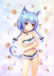 Rule 34 | 1girl, :o, absurdres, animal ears, bell, bikini, blue hair, bow, braid, cake, candy, cat ears, cat tail, choker, collarbone, contrapposto, crossed arms, food, frilled bikini, frills, hair bow, highres, ice cream, jingle bell, lollipop, long hair, low-tied long hair, navel, pastry, red eyes, sayori (neko works), slit pupils, solo, spaghetti strap, standing, swimsuit, tail, tankini, twin braids