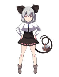 Rule 34 | 1girl, animal ears, basket, breasts, brown footwear, capelet, closed mouth, commentary request, crystal, expressionless, full body, grey hair, grey skirt, grey vest, hands on own hips, highres, jewelry, layered clothes, long sleeves, looking at viewer, miniskirt, mouse (animal), mouse ears, mouse girl, mouse tail, nazrin, otoufu (wddkq314band), pendant, red eyes, shirt, shoes, short hair, simple background, skirt, skirt set, small breasts, standing, tail, touhou, vest, white background, white capelet, white shirt