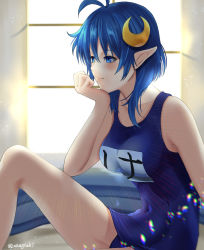 Rule 34 | 1girl, ahoge, aona (anagasaki), blue eyes, blue hair, breasts, closed mouth, crescent, crescent hair ornament, hair ornament, pointy ears, rena lanford, school swimsuit, short hair, smile, solo, star ocean, star ocean the second story, swimsuit