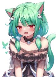 Rule 34 | 1girl, :3, :d, animal ears, bare shoulders, black choker, black dress, blush, bug, butterfly, cat ears, cat girl, cat tail, choker, collarbone, commentary request, deaver, dress, ear piercing, extra ears, frilled dress, frills, green hair, hair bobbles, hair ornament, hair over shoulder, highres, hololive, insect, long hair, looking at viewer, low twintails, off-shoulder dress, off shoulder, open mouth, piercing, red eyes, see-through, simple background, skull hair ornament, smile, solo, tail, twintails, upper body, uruha rushia, uruha rushia (3rd costume), virtual youtuber, white background
