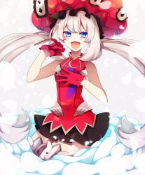 Rule 34 | 1girl, black skirt, blue eyes, fate/grand order, fate (series), gloves, hand on own chest, hand up, highres, long hair, looking at viewer, marie antoinette (fate), open mouth, ponita, silver hair, skirt, sleeveless, smile, solo, sparkle, twintails