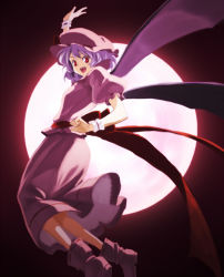Rule 34 | 1girl, :d, ankle boots, bad id, bad pixiv id, blouse, blush, boots, fang, hat, long skirt, mob cap, moon, open mouth, purple hair, red eyes, red moon, remilia scarlet, sash, shiratama (hockey), shirt, short hair, skirt, smile, solo, teeth, touhou, wings, wrist cuffs