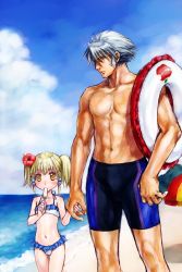 Rule 34 | 1boy, 1girl, age difference, banpresto, beach, bikini, blonde hair, day, eating, flower, food, grey hair, hair flower, hair ornament, holding hands, hibiscus, highres, irui guneden, nakamura kanko, outdoors, popsicle, sanger zonvolt, short twintails, size difference, super robot wars, swimsuit, twintails