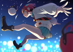 1girl amate_yuzuriha black_panties blurry boots commentary_request depth_of_field full_body gundam gundam_gquuuuuux haro highres jumping panties profile red_hair robot short_hair shouji_nigou skirt sky star_(sky) starry_sky sweater underwear