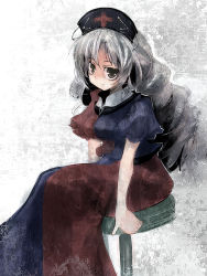 Rule 34 | 1girl, breasts, female focus, grey background, hat, long hair, silver hair, sitting, solo, touhou, ukyo rst, white background, yagokoro eirin