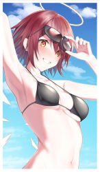 Rule 34 | 1girl, :d, absurdres, arknights, armpits, arms up, bikini, black bikini, blue sky, blush, border, breasts, collarbone, day, detached wings, energy wings, exusiai (arknights), eyewear on head, grin, halo, highres, looking at viewer, medium breasts, navel, open mouth, outdoors, parted lips, r oot, red eyes, red hair, short hair, sky, smile, solo, stomach, strap gap, sunglasses, swimsuit, unaligned breasts, upper body, white border, wings