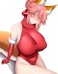 Rule 34 | 1girl, animal ear fluff, animal ears, arind yudha, bare shoulders, braid, breasts, covered navel, elbow gloves, fate/extra, fate (series), fox ears, fox girl, fox tail, french braid, gloves, hair between eyes, hair bun, highleg, highleg leotard, highres, large breasts, leotard, long hair, looking at viewer, pink hair, red gloves, red leotard, sidelocks, single hair bun, sitting, smile, solo, tail, tamamo (fate), tamamo no mae (fate/extra), yellow eyes