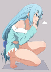 Rule 34 | 1girl, aqua (konosuba), aqua shirt, barefoot, blue eyes, blue hair, blush, bottomless, breasts, cleavage, collarbone, commentary request, eyelashes, full body, hand on own chin, hand on own stomach, hand up, kono subarashii sekai ni shukufuku wo!, leaning forward, legs, long hair, looking to the side, low-tied long hair, medium breasts, open mouth, pajamas, revision, salpin, shadow, shirt, sidelocks, simple background, solo, squatting, toes, very long hair