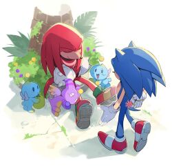 Rule 34 | 2boys, arm behind back, bush, chao (sonic), closed eyes, closed mouth, commentary request, facing away, flower, food, fruit, furry, furry male, gloves, holding, holding flower, holding food, holding fruit, knuckles the echidna, leaf, looking at another, male focus, multiple boys, palm leaf, pink flower, purple flower, red footwear, rock, shoes, simple background, sitting, sk rokuro, sleeping, smile, sonic (series), sonic the hedgehog, standing, white background, white gloves, yellow flower