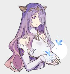 Rule 34 | 1girl, bare shoulders, bug, butterfly, camilla (adrift) (fire emblem), camilla (fire emblem), closed mouth, cropped torso, dress, elbow gloves, fake horns, fingerless gloves, fire emblem, fire emblem fates, fire emblem heroes, gloves, haconeri, hair ornament, hair over one eye, horns, insect, long hair, nintendo, official alternate costume, one eye covered, purple eyes, purple hair, simple background, sleeveless, sleeveless dress, smile, solo, very long hair, wavy hair, white background, white dress, white gloves
