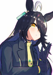 Rule 34 | 1girl, adjusting clothes, adjusting gloves, ahoge, animal ears, black gloves, black hair, black jacket, black shirt, closed mouth, collared shirt, commentary request, earrings, gloves, hair between eyes, hair over one eye, harakomeshi, highres, horse ears, horse girl, jacket, jewelry, long hair, looking at viewer, manhattan cafe (umamusume), multicolored hair, shirt, simple background, single earring, solo, streaked hair, umamusume, upper body, white background, white hair, yellow eyes