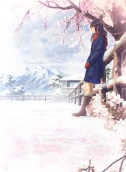 Rule 34 | 1girl, black hair, boots, cherry blossoms, coat, gloves, long hair, mocha (cotton), mountain, original, outdoors, scarf, scenery, skirt, snow, winter