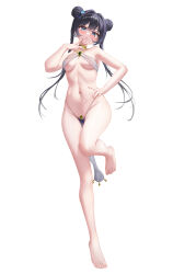 1girl absurdres alternate_costume arabian_clothes armpits bare_legs barefoot bikini black_hair blue_archive blue_eyes breasts butterfly_hair_ornament commentary double_bun duan_zhu_ya feet full_body hair_bun hair_ornament highres kisaki_(blue_archive) legs long_hair medium_breasts navel pelvic_curtain simple_background solo standing standing_on_one_leg stomach swimsuit thighs toes underboob white_background white_bikini