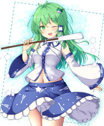 Rule 34 | 1girl, aka tawashi, antenna hair, aqua background, blue dress, blue skirt, blush, breasts, collared shirt, commentary request, cowboy shot, detached sleeves, dress, frilled skirt, frills, frog hair ornament, gohei, green eyes, green hair, hair ornament, hair tubes, highres, holding, japanese clothes, kochiya sanae, long hair, looking at viewer, medium breasts, miko, nontraditional miko, one eye closed, open mouth, polka dot, polka dot background, shirt, skirt, skirt flip, sleeveless, sleeveless shirt, snake hair ornament, solo, standing, star (symbol), teeth, touhou, white shirt