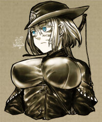 Rule 34 | 1girl, between breasts, bloodborne, bow (weapon), breasts, bright pupils, closed mouth, dated, facial scar, green eyes, grey background, hair between eyes, hat, kotoba noriaki, large breasts, monochrome, original, scar, scar on cheek, scar on face, short hair, signature, simple background, solo, spot color, strap between breasts, underbust, weapon, weapon on back