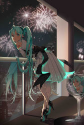 Rule 34 | 1girl, absurdres, aerial fireworks, ahoge, black footwear, black hairband, blue hair, dress, earrings, elbow gloves, fireworks, floating hair, full body, gloves, green eyes, hair between eyes, hairband, hatsune miku, high heels, highres, jewelry, leaning forward, long hair, looking at viewer, miku symphony (vocaloid), night, pleated dress, sleeveless, sleeveless dress, solo, standing, thighhighs, twintails, very long hair, vocaloid, white dress, white gloves, white thighhighs, yaomiaomiao