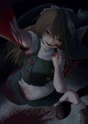 Rule 34 | 1girl, absurdres, apron, black hat, black skirt, black vest, blonde hair, blood, blood on arm, blood on clothes, blood on face, blood on hands, blood splatter, blood trail, bow, braid, brown footwear, commentary request, contrapposto, cookie (touhou), evil smile, facepaint, full body, hair between eyes, hair bow, hat, hat bow, highres, kirisame marisa, long hair, looking at viewer, odoro (nicoseiga81184094), one eye closed, open mouth, red bow, red eyes, selfie, shirt, shoes, side braid, single braid, skirt, smile, socks, solo, standing, star (symbol), suzu (cookie), touhou, vest, waist apron, white apron, white bow, white shirt, white socks, witch hat