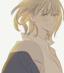 Rule 34 | 1girl, backlighting, blonde hair, blue robe, closed mouth, dungeon meshi, falin touden, falin touden (tallman), frs2, highres, looking at viewer, robe, smile, white background, yellow eyes