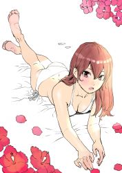 Rule 34 | 1girl, ass, barefoot, bikini, blush, breasts, brown hair, cleavage, flower, hair between eyes, hair over shoulder, highres, long hair, lying, on stomach, original, parted lips, partially colored, peco (pockleberry), petals, pink eyes, side-tie bikini bottom, solo, swimsuit