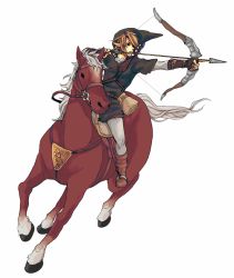 Rule 34 | 1boy, animal, blonde hair, bow (weapon), drawing bow, epona, holding, holding bow (weapon), holding weapon, horse, layered sleeves, link, long sleeves, male focus, mounted archery, nintendo, pointy ears, short over long sleeves, short sleeves, simple background, solo, swept bangs, the legend of zelda, todoroki sora, weapon, weapon on back, white background