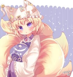 Rule 34 | 1girl, animal ears, blonde hair, blue background, blush, breasts, commentary request, dress, fox ears, fox tail, hands in opposite sleeves, hat, highres, kemo chiharu, large breasts, long sleeves, looking at viewer, mob cap, multiple tails, parted lips, purple eyes, short hair, signature, simple background, solo, tabard, tail, touhou, white dress, wide sleeves, yakumo ran