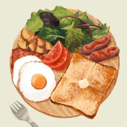 Rule 34 | bread, bread slice, butter, commentary request, egg (food), food, food focus, fork, fried egg, highres, ketchup, no humans, original, salad, sausage, toast, tomato, tomato slice, yosay 0