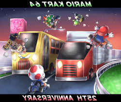 Rule 34 | 1boy, 4others, aogaeru (pixiv46613656), bowser, bus, donkey kong, donkey kong (series), driving, gloves, hat, highres, kart, mario, mario (series), mario kart, mario kart 64, motor vehicle, multiple others, night, night sky, nintendo, road, sky, spikes, toad (mario), truck, yoshi