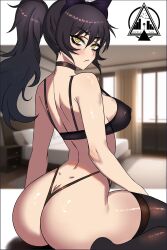 Rule 34 | 1girl, :&lt;, artist logo, ass, back, black bra, black eyeshadow, black hair, black panties, black thighhighs, blake belladonna, blush, bow, bra, breasts, butt crack, choker, closed mouth, collar, commentary, covered erect nipples, dizzle, english commentary, expressionless, eyeshadow, facing viewer, female focus, foot out of frame, from behind, from side, hair bow, highleg, highleg panties, highres, huge ass, large breasts, long hair, looking at viewer, looking back, makeup, panties, ponytail, purple bow, rwby, sitting, solo, thighhighs, thong, underwear, wariza, yellow eyes